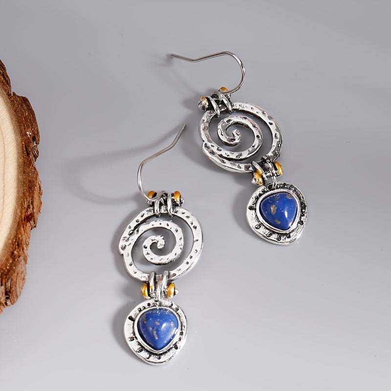 Boho Dangle Earrings Blue Spiral Hollow Stone Antique Tribal Jewelry Women Ethnic Earrings Swirl Antique Silver Color