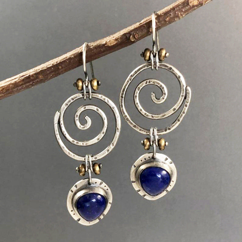 Boho Dangle Earrings Blue Spiral Hollow Stone Antique Tribal Jewelry Women Ethnic Earrings Swirl Antique Silver Color