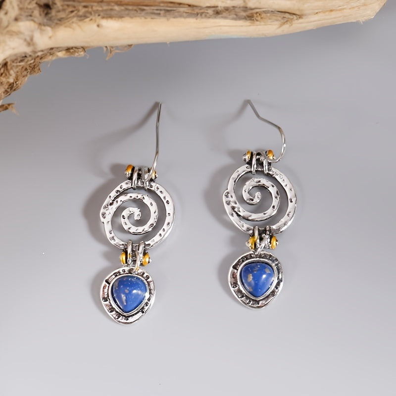 Boho Dangle Earrings Blue Spiral Hollow Stone Antique Tribal Jewelry Women Ethnic Earrings Swirl Antique Silver Color