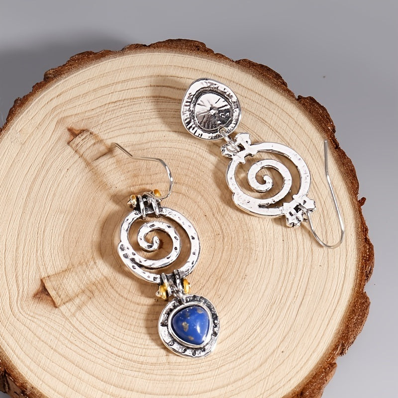 Boho Dangle Earrings Blue Spiral Hollow Stone Antique Tribal Jewelry Women Ethnic Earrings Swirl Antique Silver Color