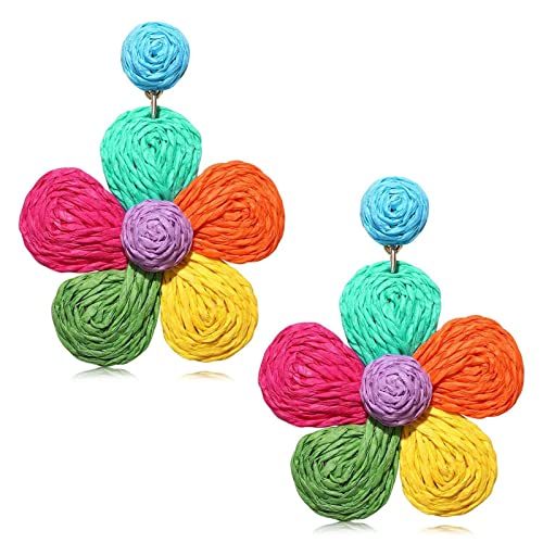 Bohemian Rattan Flower Drop Dangle Earring for Women Girl Teen Boho Colorful Raffia Straw Wicker Statement Earring Handmade Summer Tropical Beach Jewelry