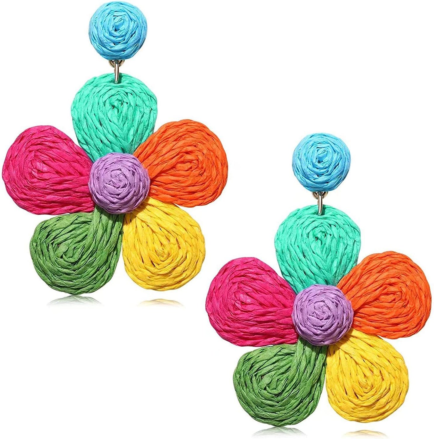 Bohemian Rattan Flower Drop Dangle Earring for Women Girl Teen Boho Colorful Raffia Straw Wicker Statement Earring Handmade Summer Tropical Beach Jewelry