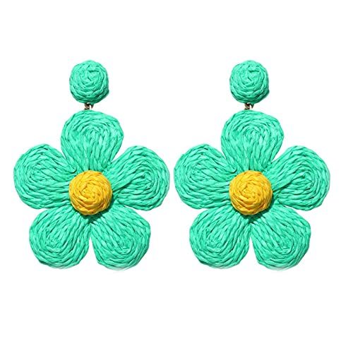 Bohemian Rattan Flower Drop Dangle Earring for Women Girl Teen Boho Colorful Raffia Straw Wicker Statement Earring Handmade Summer Tropical Beach Jewelry