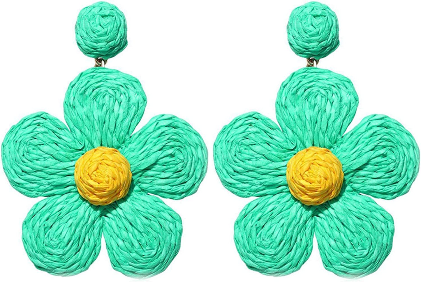 Bohemian Rattan Flower Drop Dangle Earring for Women Girl Teen Boho Colorful Raffia Straw Wicker Statement Earring Handmade Summer Tropical Beach Jewelry