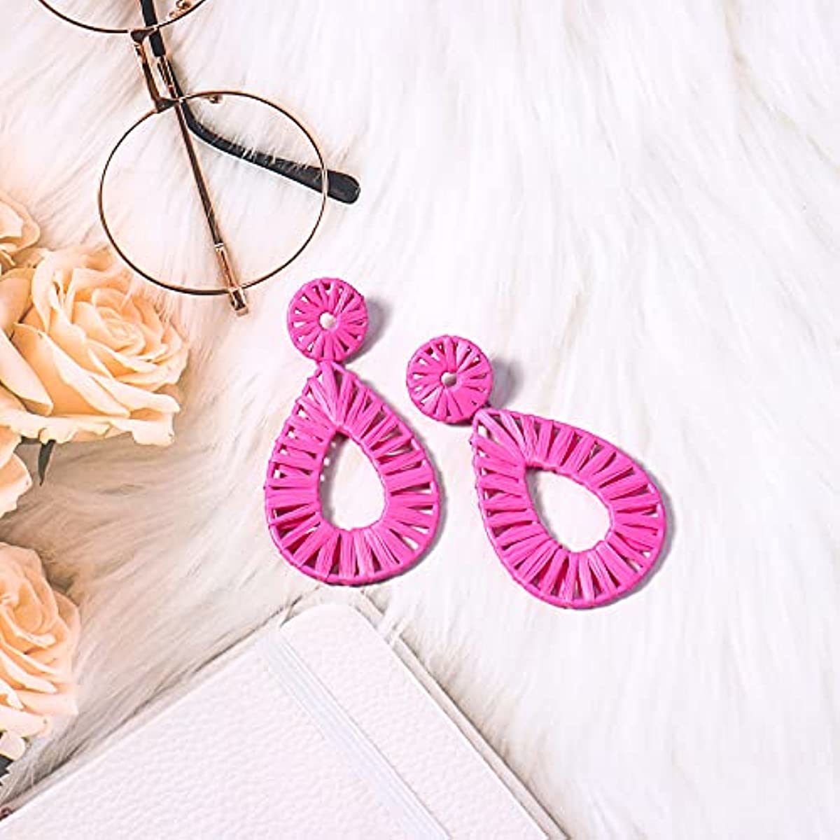 Boho Raffia Earrings Statement Teardrop Earrings Drop Dangle Bohemian Earrings for Women Cute Handmade Earring for Girls