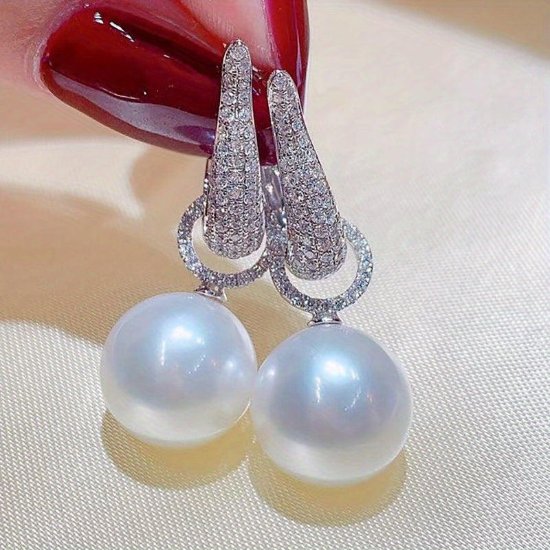 Luxury Ladies Shiny Zircon Earrings 925 Silver Plated Faux Pearl Pendant Delicate Design Accessories For Wedding Ceremony Jewelry Gift