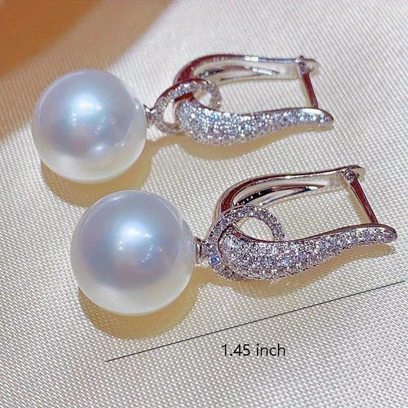 Luxury Ladies Shiny Zircon Earrings 925 Silver Plated Faux Pearl Pendant Delicate Design Accessories For Wedding Ceremony Jewelry Gift