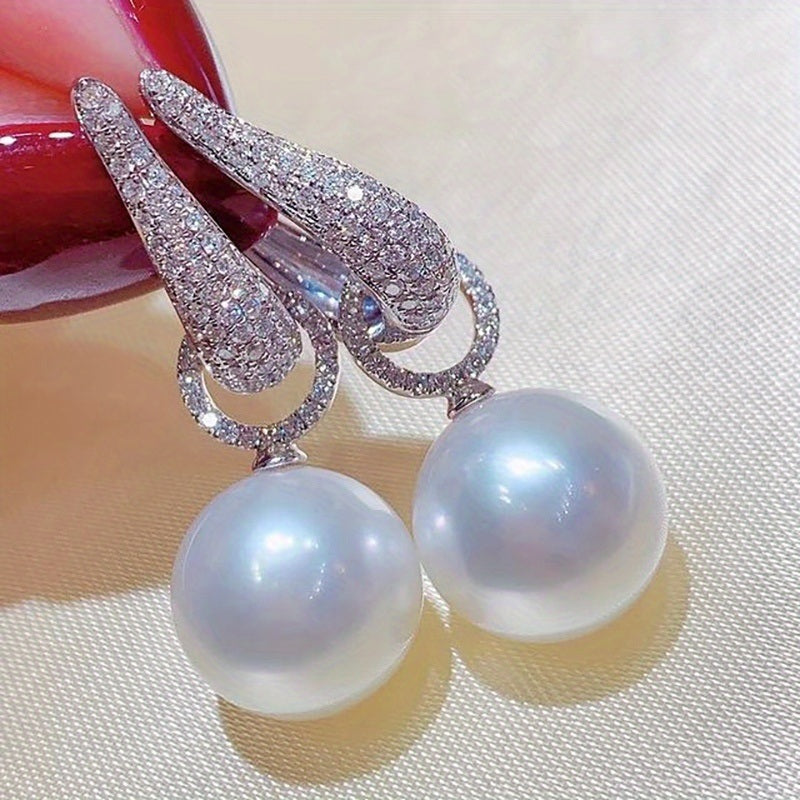 Luxury Ladies Shiny Zircon Earrings 925 Silver Plated Faux Pearl Pendant Delicate Design Accessories For Wedding Ceremony Jewelry Gift