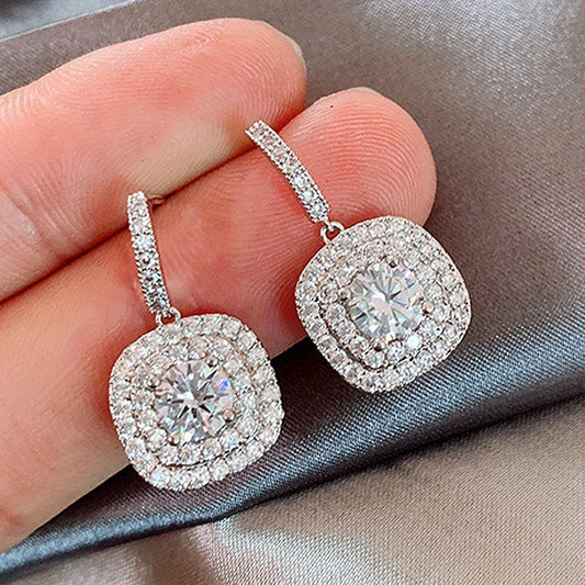 Square Full Shiny Zircon Design Dangle Earrings Retro Elegant Style Silver Plated Jewelry Wedding Banquet Accessories