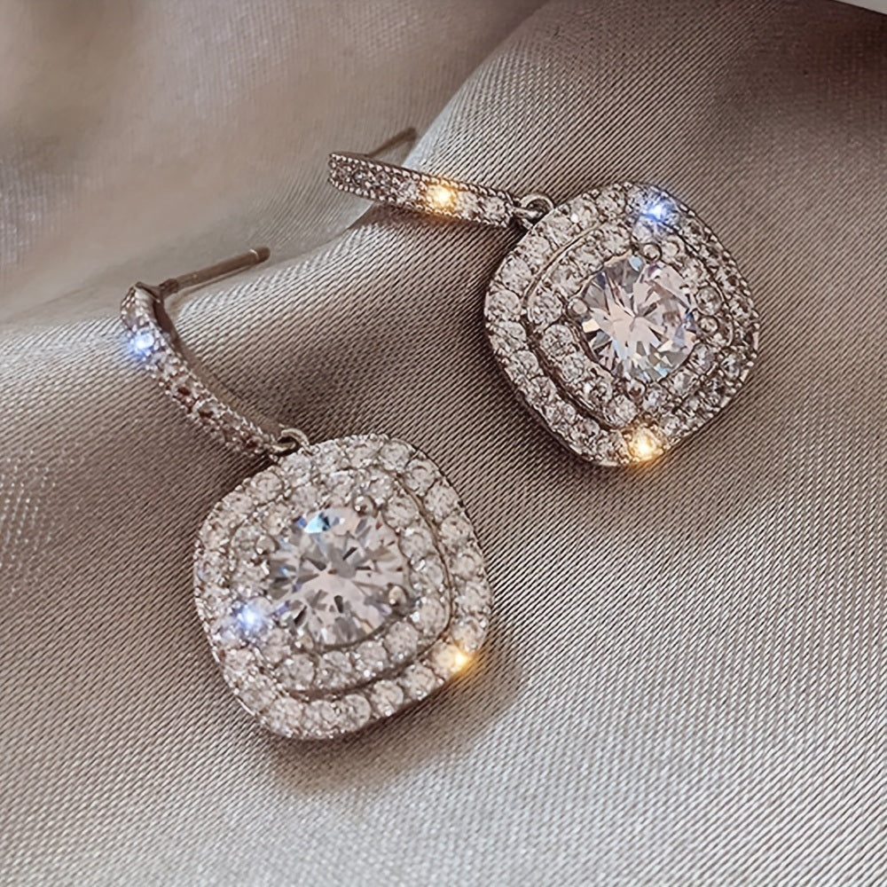 Square Full Shiny Zircon Design Dangle Earrings Retro Elegant Style Silver Plated Jewelry Wedding Banquet Accessories