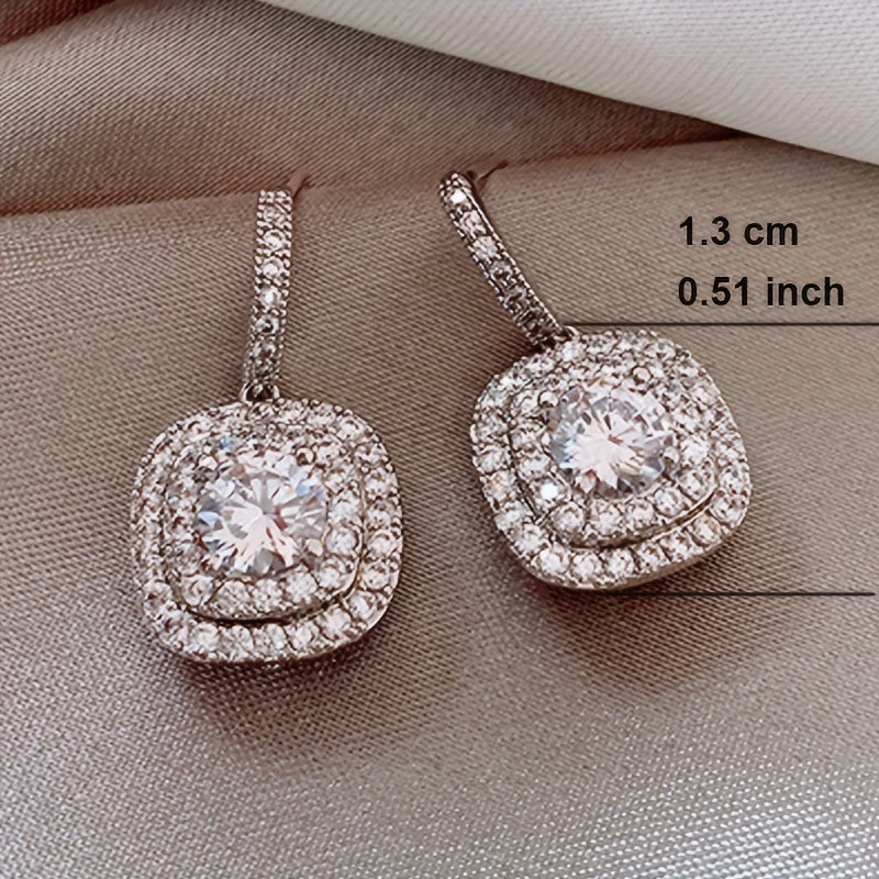 Square Full Shiny Zircon Design Dangle Earrings Retro Elegant Style Silver Plated Jewelry Wedding Banquet Accessories