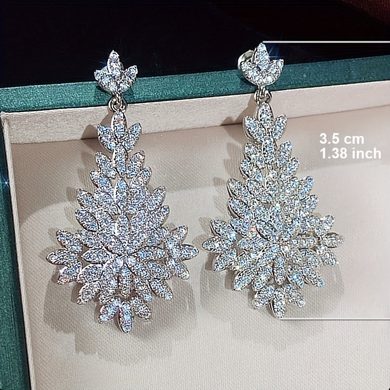 Elegant Luxury Style Shiny Zircon Decor Dangle Earrings Silver Plated Material For Women Wedding Engagement Banquet Jewelry Exquisite Gift