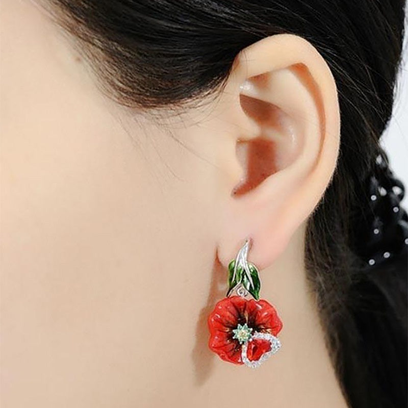 Red Flower Zircon Dangle Earrings For Women Romantic Wedding Party Jewelry