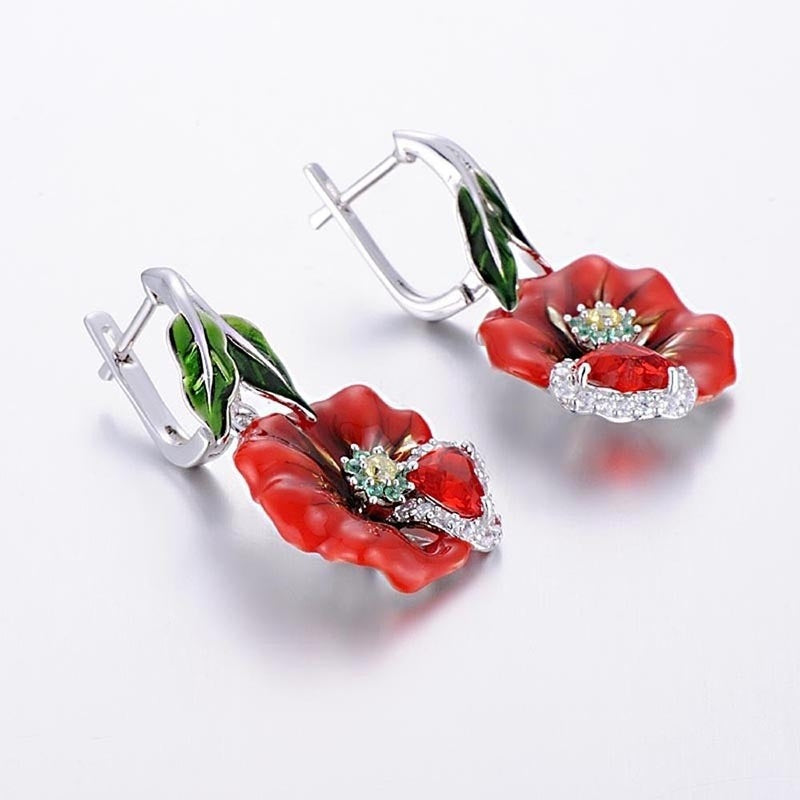 Red Flower Zircon Dangle Earrings For Women Romantic Wedding Party Jewelry