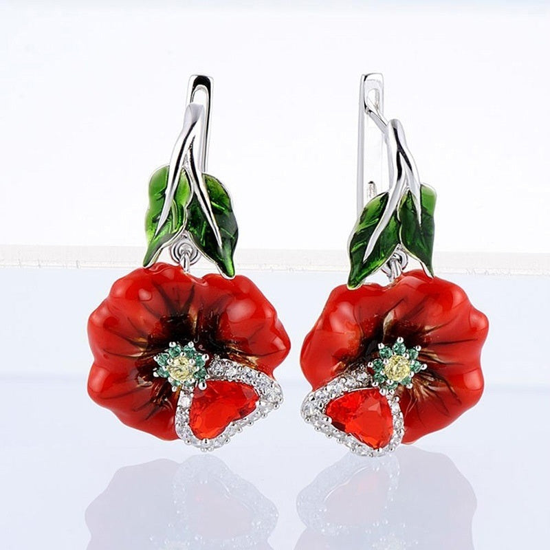 Red Flower Zircon Dangle Earrings For Women Romantic Wedding Party Jewelry