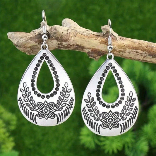 Silvery Teardrop Shape Flower Pattern Hollow Dangle Earrings Retro Ethnic Style Alloy Silver Plated Jewelry Daily Wear Accessories