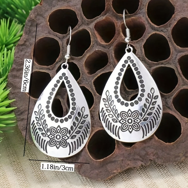 Silvery Teardrop Shape Flower Pattern Hollow Dangle Earrings Retro Ethnic Style Alloy Silver Plated Jewelry Daily Wear Accessories