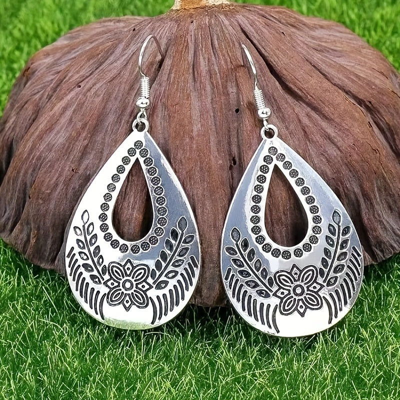 Silvery Teardrop Shape Flower Pattern Hollow Dangle Earrings Retro Ethnic Style Alloy Silver Plated Jewelry Daily Wear Accessories