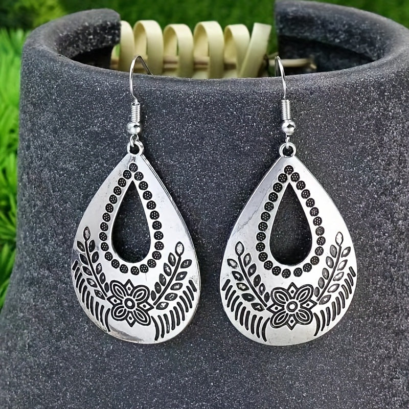 Silvery Teardrop Shape Flower Pattern Hollow Dangle Earrings Retro Ethnic Style Alloy Silver Plated Jewelry Daily Wear Accessories