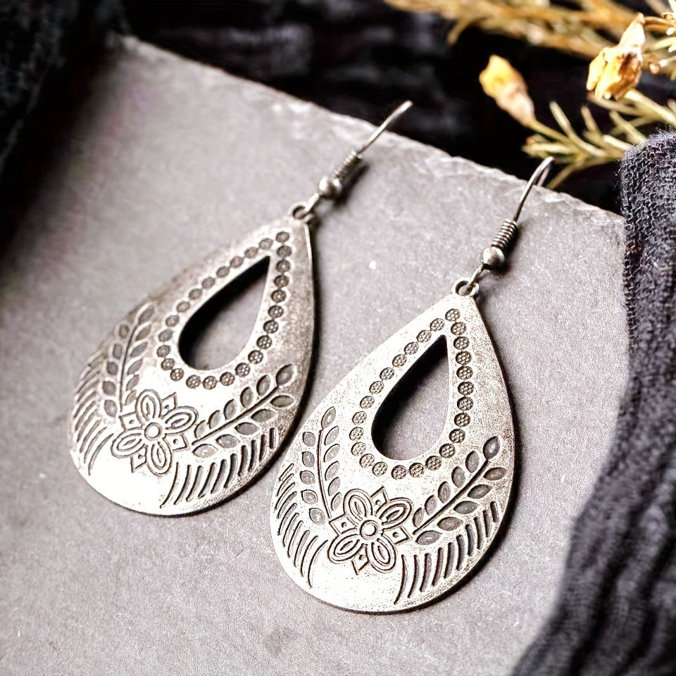 Silvery Teardrop Shape Flower Pattern Hollow Dangle Earrings Retro Ethnic Style Alloy Silver Plated Jewelry Daily Wear Accessories