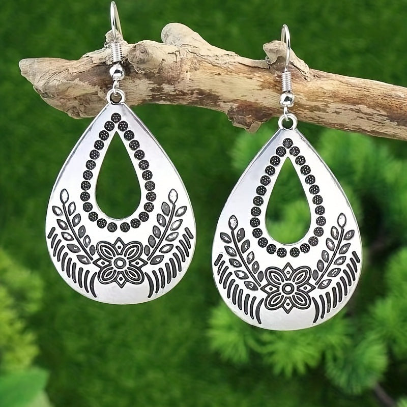 Silvery Teardrop Shape Flower Pattern Hollow Dangle Earrings Retro Ethnic Style Alloy Silver Plated Jewelry Daily Wear Accessories