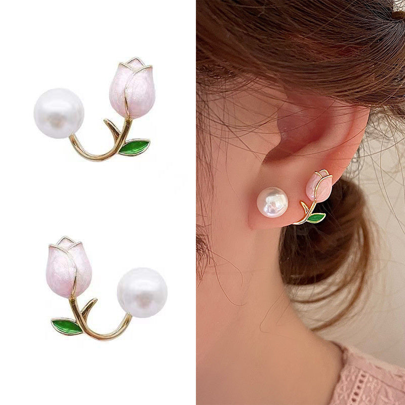 1pc, Pink Tulip Flower Pearl Stud Earrings, Premium Light Luxury Niche Design Earrings, Zircon Exquisite Earrings, Woman Girl Jewery