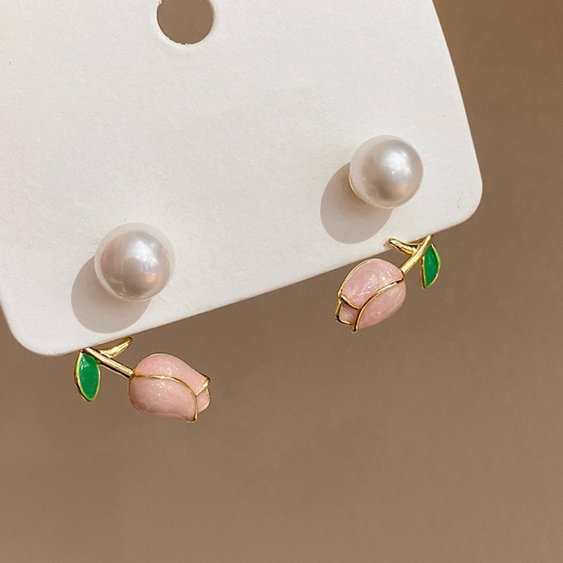 1pc, Pink Tulip Flower Pearl Stud Earrings, Premium Light Luxury Niche Design Earrings, Zircon Exquisite Earrings, Woman Girl Jewery