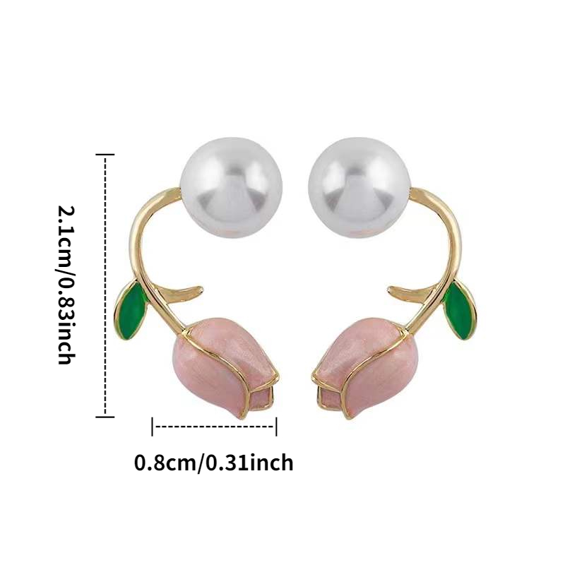 1pc, Pink Tulip Flower Pearl Stud Earrings, Premium Light Luxury Niche Design Earrings, Zircon Exquisite Earrings, Woman Girl Jewery