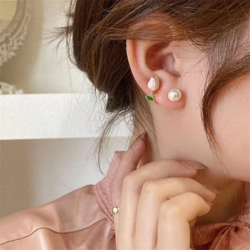 1pc, Pink Tulip Flower Pearl Stud Earrings, Premium Light Luxury Niche Design Earrings, Zircon Exquisite Earrings, Woman Girl Jewery