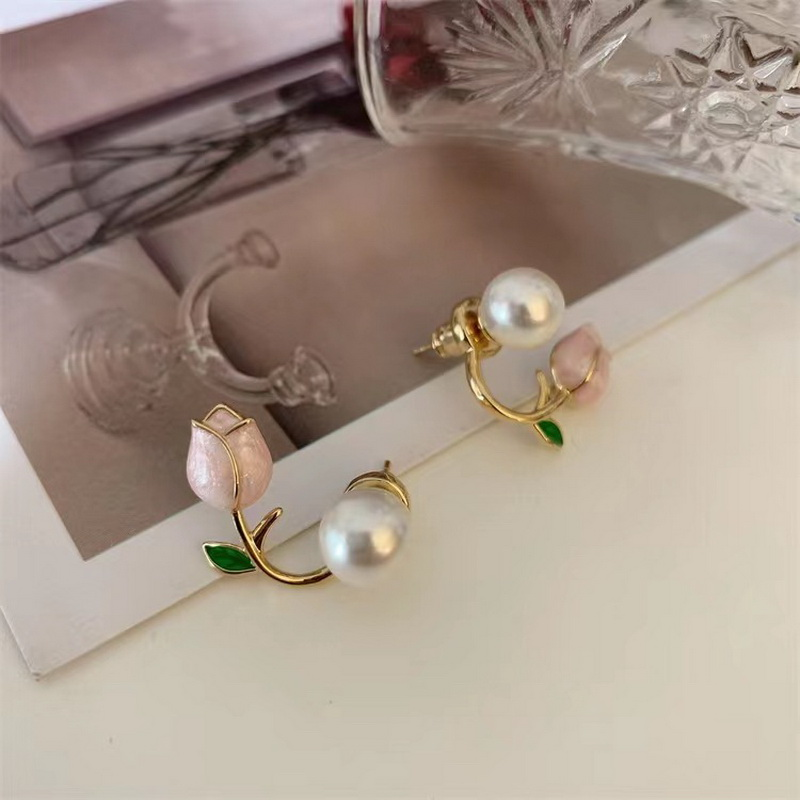 1pc, Pink Tulip Flower Pearl Stud Earrings, Premium Light Luxury Niche Design Earrings, Zircon Exquisite Earrings, Woman Girl Jewery