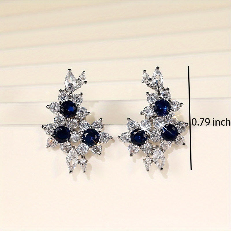 Flower Shape 925 Silver Plated Inlaid Blue Sapphire Stud Earrings For Women Party Wedding Banquet Ear Climber Earrings