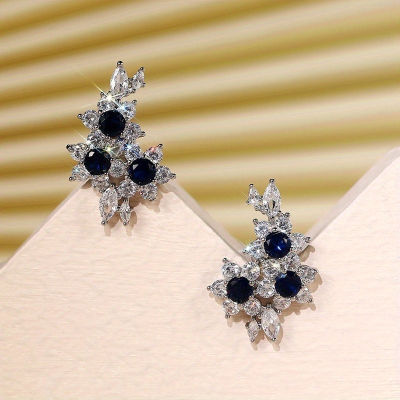 Flower Shape 925 Silver Plated Inlaid Blue Sapphire Stud Earrings For Women Party Wedding Banquet Ear Climber Earrings