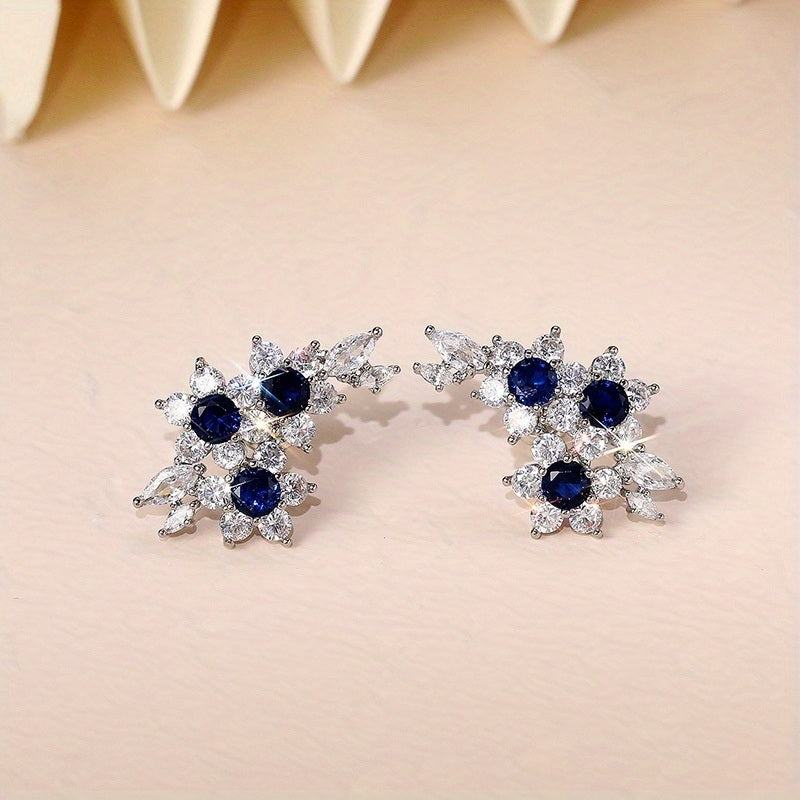 Flower Shape 925 Silver Plated Inlaid Blue Sapphire Stud Earrings For Women Party Wedding Banquet Ear Climber Earrings