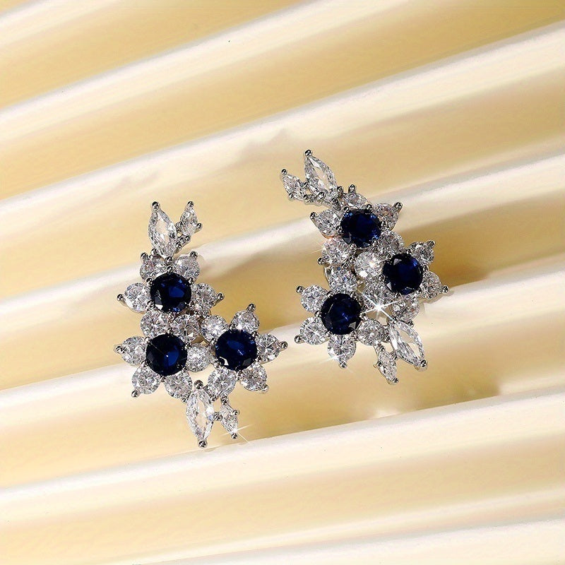 Flower Shape 925 Silver Plated Inlaid Blue Sapphire Stud Earrings For Women Party Wedding Banquet Ear Climber Earrings