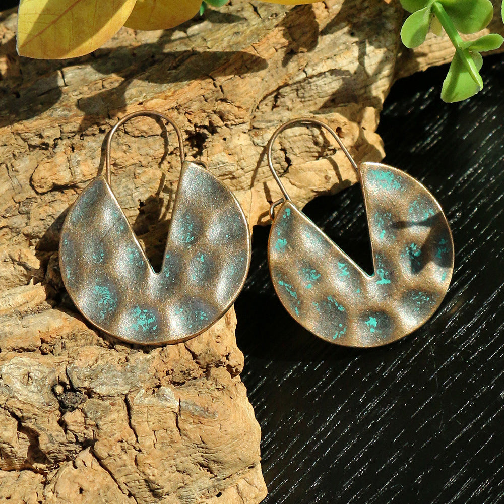 Retro Style Bronze Smeared Blue Series Set Round Hollow Peach-shaped Geometric Ethnic Style Pendant With Turquoise Embellishment U-shaped Ear Hook Hanging Mixed Style