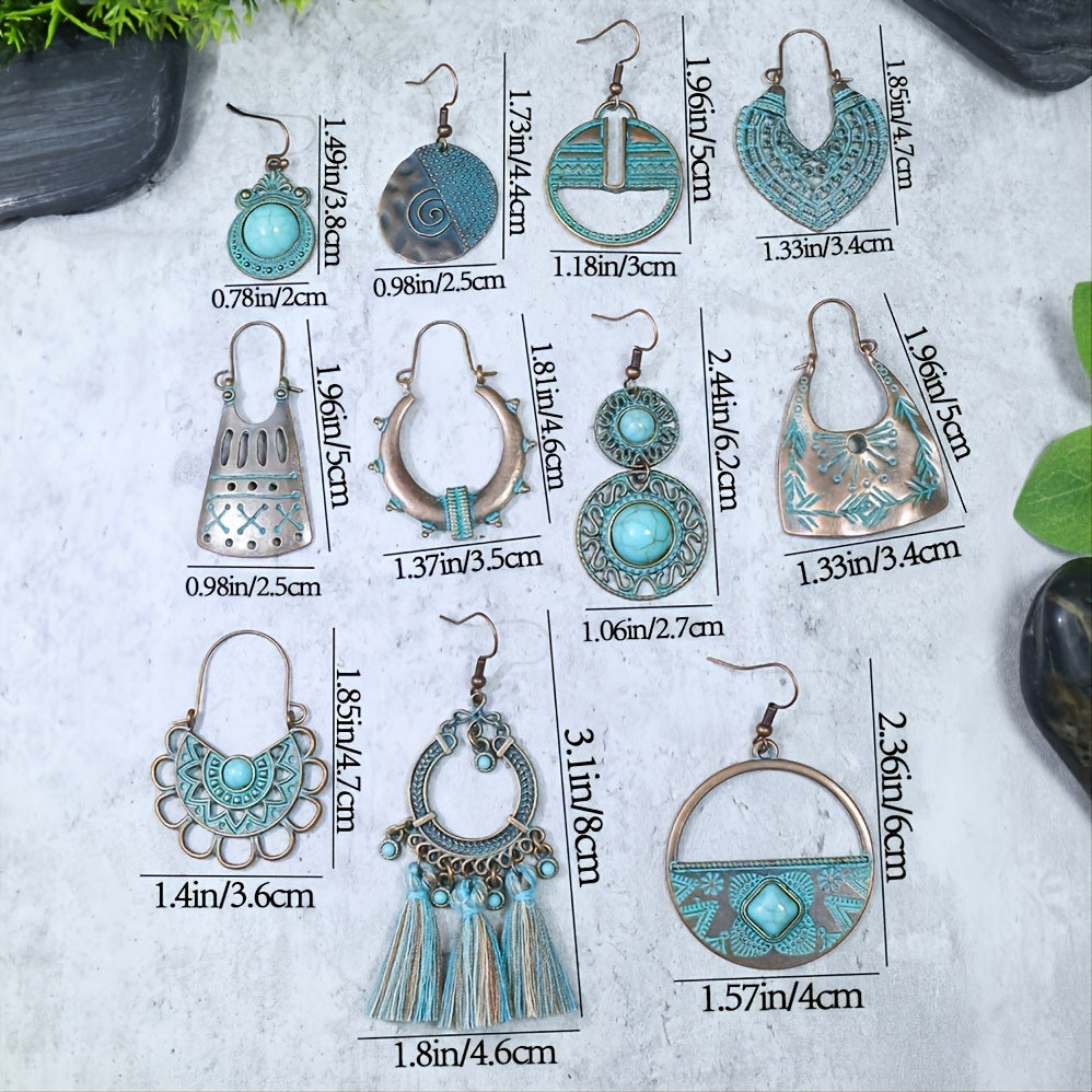 Retro Style Bronze Smeared Blue Series Set Round Hollow Peach-shaped Geometric Ethnic Style Pendant With Turquoise Embellishment U-shaped Ear Hook Hanging Mixed Style