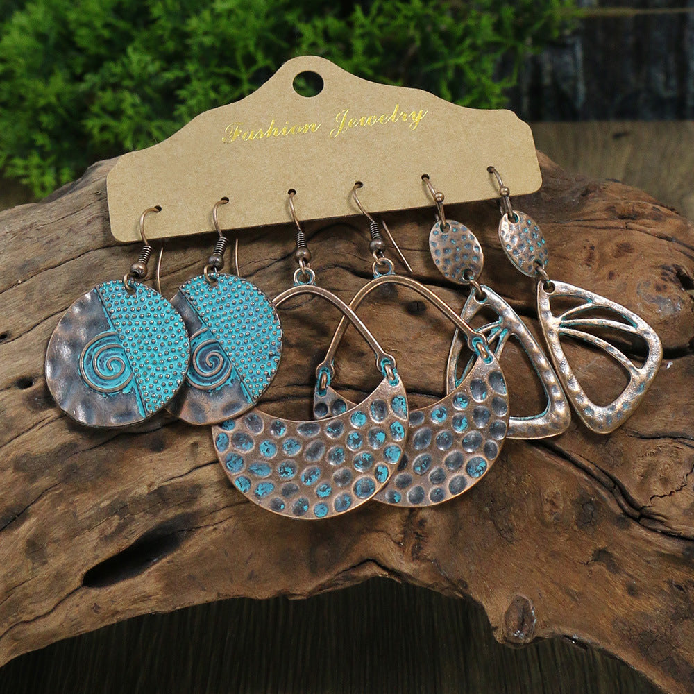 Retro Style Bronze Smeared Blue Series Set Round Hollow Peach-shaped Geometric Ethnic Style Pendant With Turquoise Embellishment U-shaped Ear Hook Hanging Mixed Style