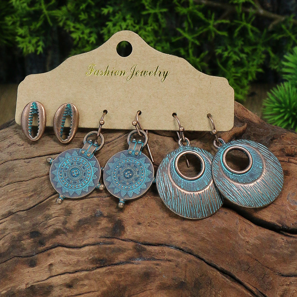 Retro Style Bronze Smeared Blue Series Set Round Hollow Peach-shaped Geometric Ethnic Style Pendant With Turquoise Embellishment U-shaped Ear Hook Hanging Mixed Style