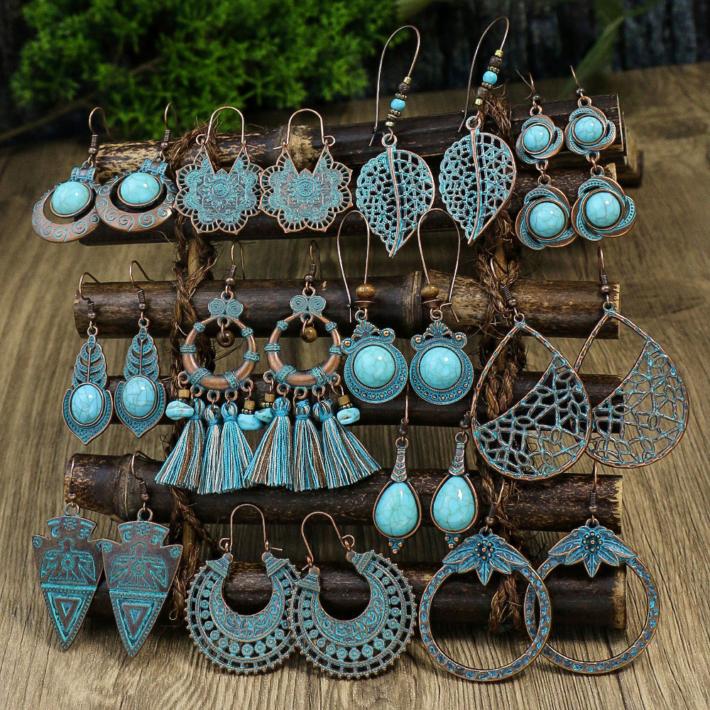 Retro Style Bronze Smeared Blue Series Set Round Hollow Peach-shaped Geometric Ethnic Style Pendant With Turquoise Embellishment U-shaped Ear Hook Hanging Mixed Style