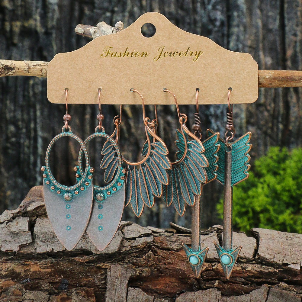 Retro Style Bronze Smeared Blue Series Set Round Hollow Peach-shaped Geometric Ethnic Style Pendant With Turquoise Embellishment U-shaped Ear Hook Hanging Mixed Style