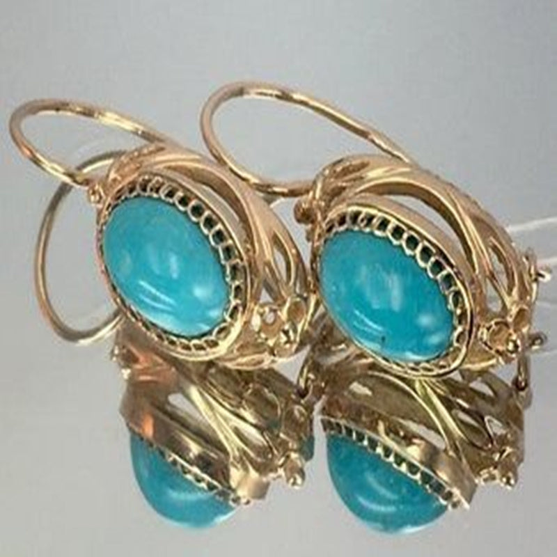 Chic Women Natural Gemstone Turquoise Stud Hook Dangle Earring Zircon Inlaid