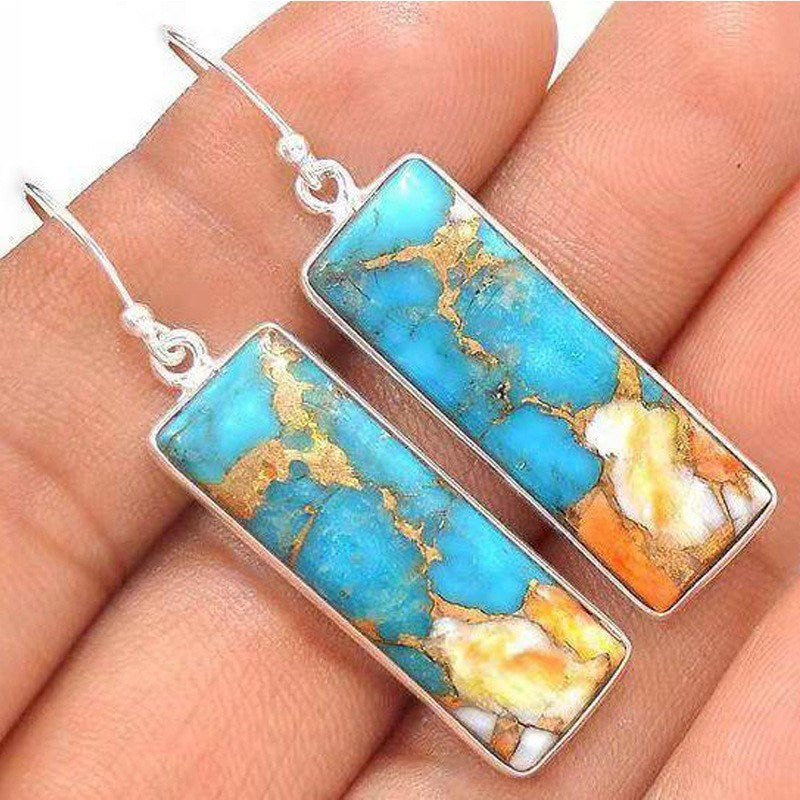 Chic Women Natural Gemstone Turquoise Stud Hook Dangle Earring Zircon Inlaid