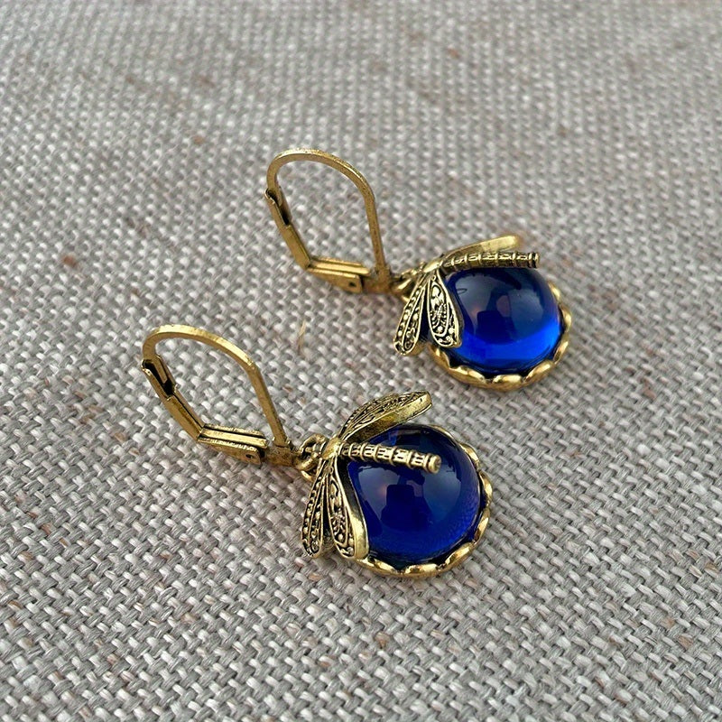 Vintage Metal Dragonfly Earrings Inky Blue Moonstone Brass Glass Cabochon Vintage Victorian Gifts For Women