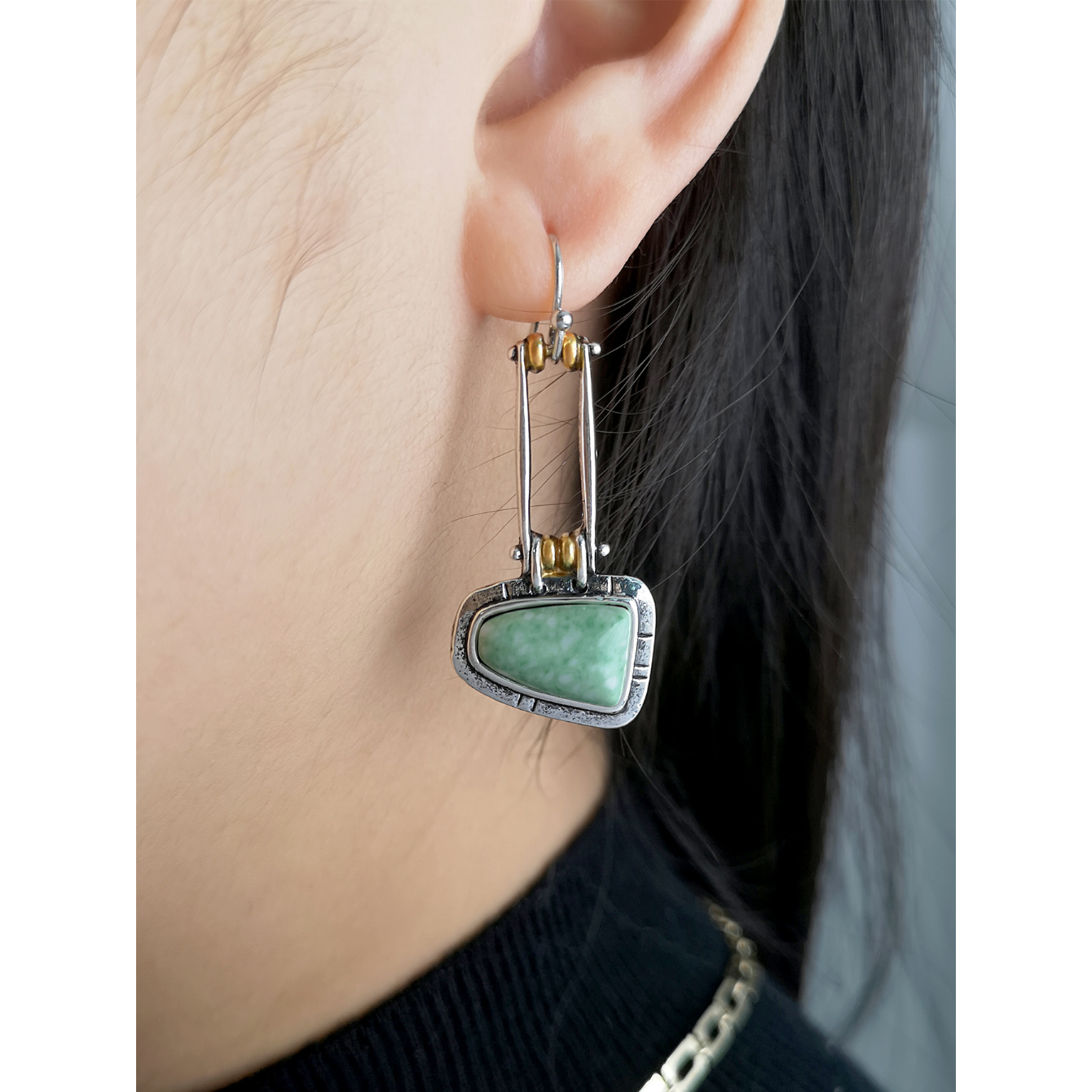 Chic Women Natural Gemstone Turquoise Stud Hook Dangle Earring Zircon Inlaid