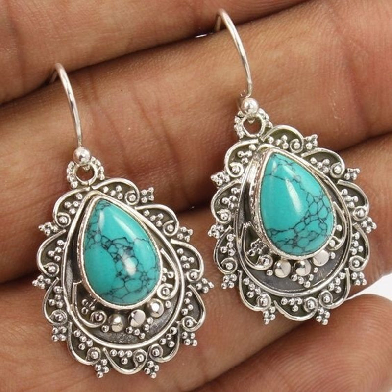 Chic Women Natural Gemstone Turquoise Stud Hook Dangle Earring Zircon Inlaid