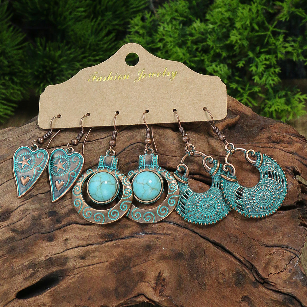 Retro Style Bronze Smeared Blue Series Set Round Hollow Peach-shaped Geometric Ethnic Style Pendant With Turquoise Embellishment U-shaped Ear Hook Hanging Mixed Style