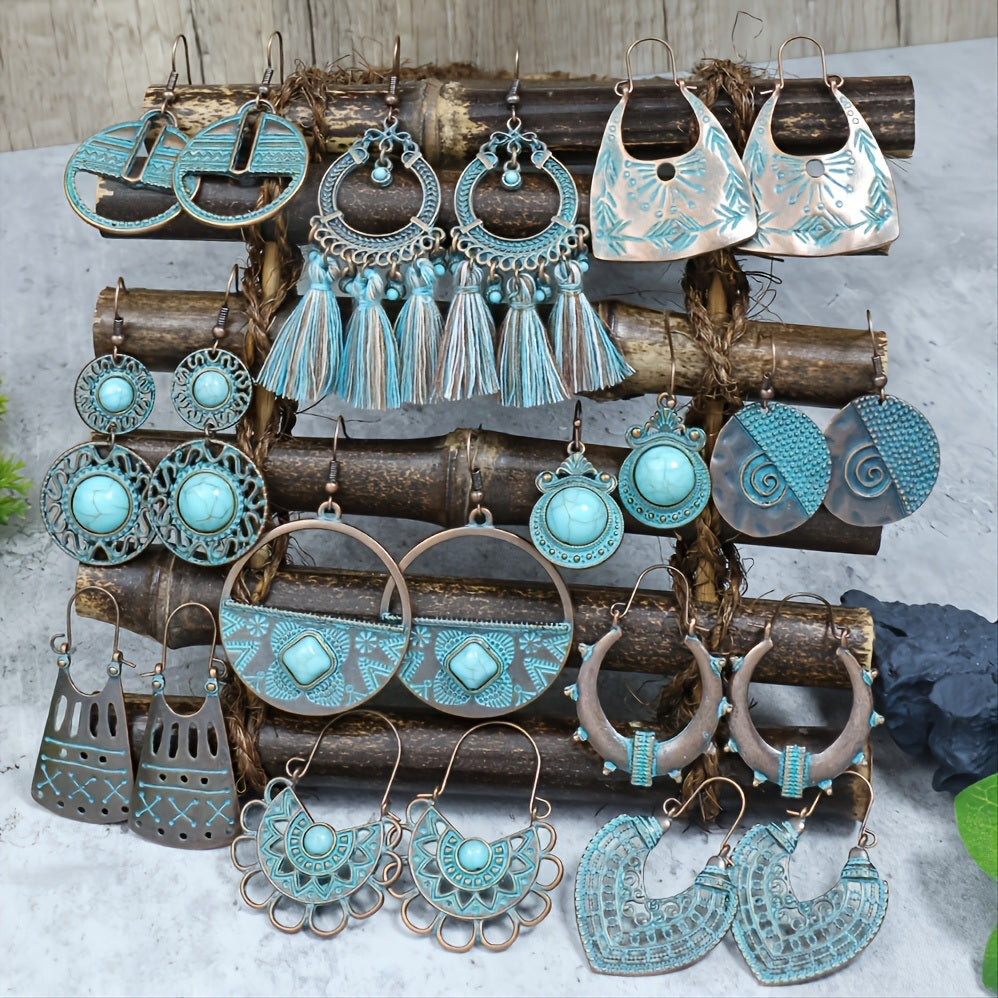 Retro Style Bronze Smeared Blue Series Set Round Hollow Peach-shaped Geometric Ethnic Style Pendant With Turquoise Embellishment U-shaped Ear Hook Hanging Mixed Style