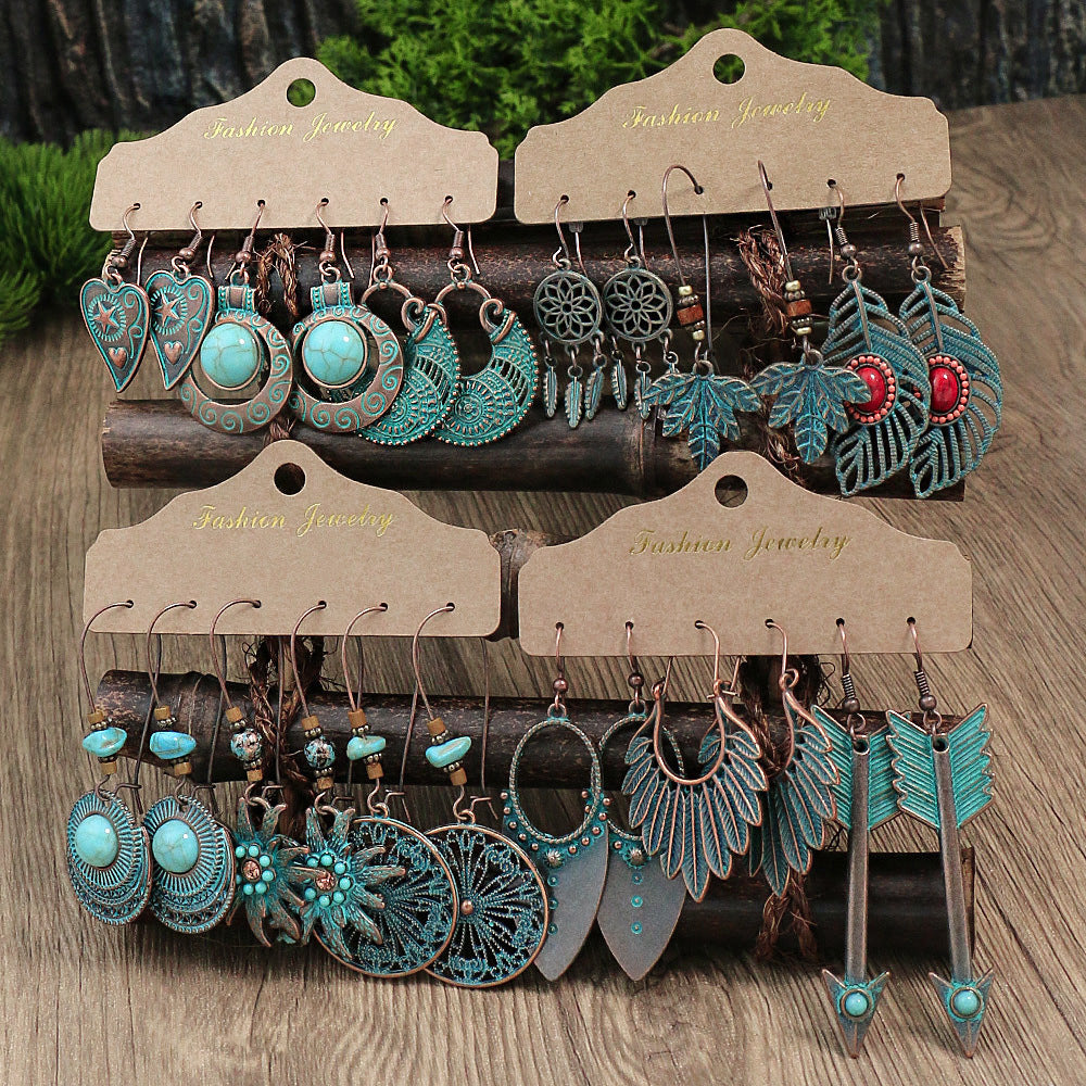 Retro Style Bronze Smeared Blue Series Set Round Hollow Peach-shaped Geometric Ethnic Style Pendant With Turquoise Embellishment U-shaped Ear Hook Hanging Mixed Style