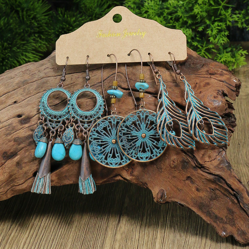 Retro Style Bronze Smeared Blue Series Set Round Hollow Peach-shaped Geometric Ethnic Style Pendant With Turquoise Embellishment U-shaped Ear Hook Hanging Mixed Style