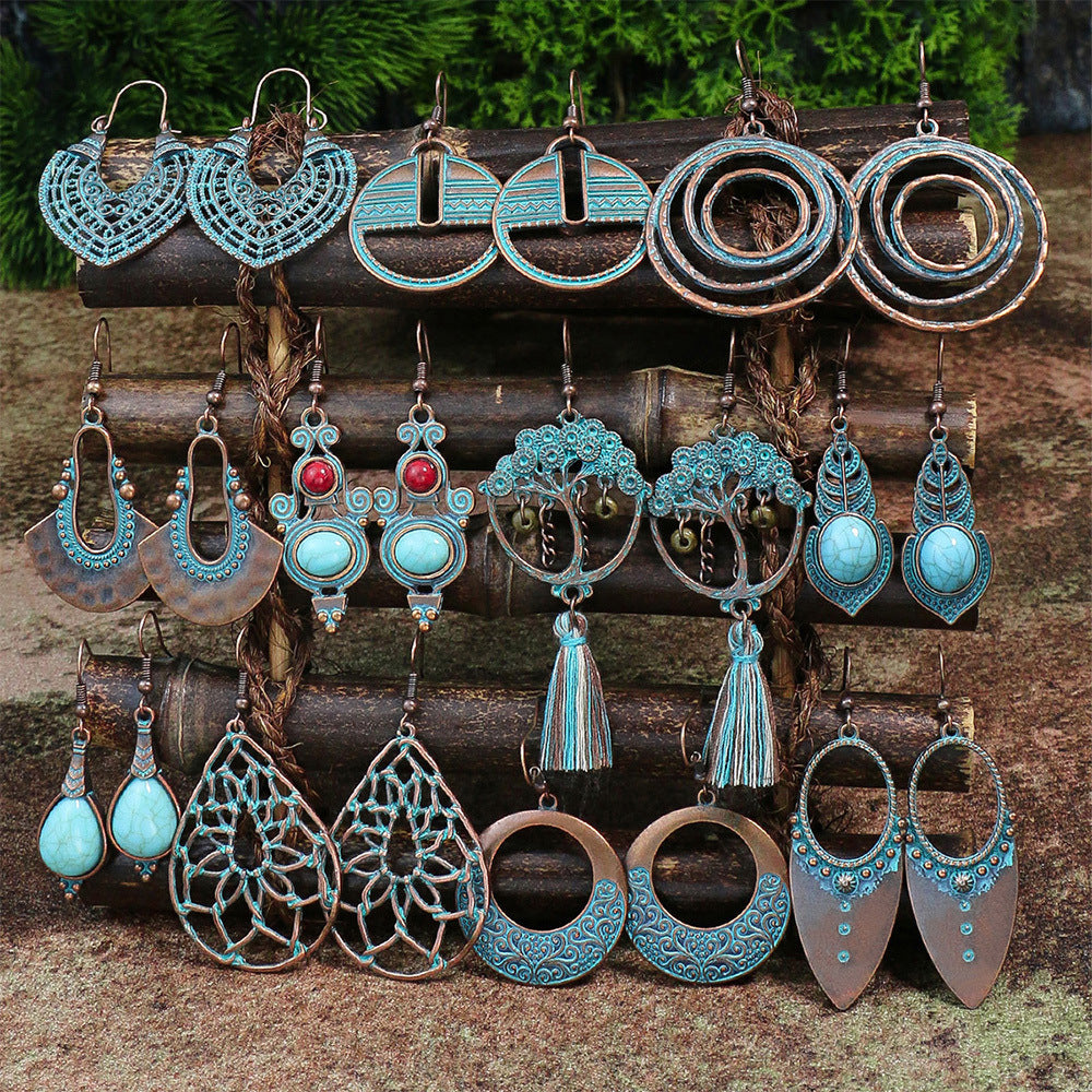 Retro Style Bronze Smeared Blue Series Set Round Hollow Peach-shaped Geometric Ethnic Style Pendant With Turquoise Embellishment U-shaped Ear Hook Hanging Mixed Style